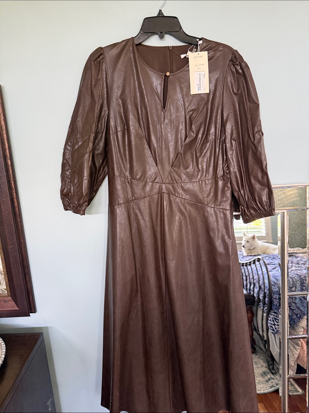 Tyler Boe Chocolate Brown Faux Leather Maxi Dress with Puff Sleeves